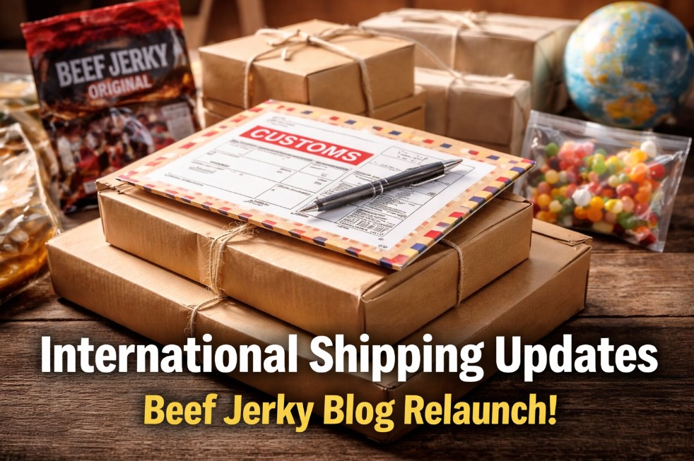 International shipping parcels with Beef Jerky Original products, customs paperwork, and snack items illustrating overseas order and customs changes.